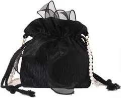 HARGIO(ハルジオ) 巾着バッグ ショルダーバッグ レディース ポシェット 浴衣バッグ 巾着ポーチ パール リボン 小さめ ミニ ショルダーポーチ 斜めがけ おしゃれ かわいい 結婚式 成人式 ドレス 和装 トレンド(ブラック)