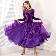 新品未使用 豪華モダンドレス 紫 ワルツダンスドレス ステージ衣装 ロング丈 シースルー袖 フリル ボリュームスカート ビジュー装飾 演出用 社交ダンス衣装 レディース コスチューム 撮影用 ハロウィン イベント用 豪華ドレス