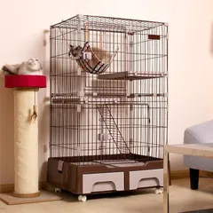 猫 ケージ キャットケージ 2段 猫トイレ付 キャスター付ハンモック付 おしゃれ yew2のサムネイル