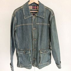 【大きいサイズ、美品】　ランズエンド　LAND’SEND　デニムジャケット　デニムカバーオール　Gジャン　デニム　グレー　タータンチェック　ヴィンテージ　ビンテージ　替えボタン付き　XLサイズ　LLサイズ　メンズ　メンズカジュアル　アメカジ　ストリート