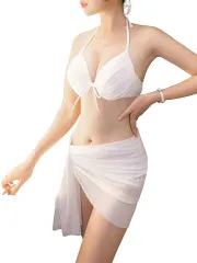 ISLAYCAOLILA アイラカリラ ビキニ 水着 パレオ 3点セット ホルターネック 胸パッド 付き セパレート ビーチウエア スイムウエア レディース(ホワイト,  XL)