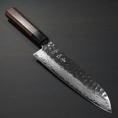 【一心刃物】 包丁 和三徳 180mm 45層ダマスカス AUS10 ステンレス 槌目模様 紫檀柄 送料無料 ギフトラッピング対応 is31