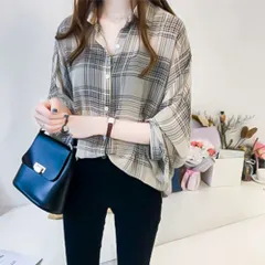 ☆ ベージュ ☆ ワンサイズ（L） ☆ シャツブラウス トップス 薄手 薄手 長袖 シャツ レディース ブラウス シャツブラウス トップス シアーシャツ 柄 チェックシャツ 柄シャツ 襟付き シアーブラウス 羽織り おしゃれ 春 夏 秋 大人 かわいい