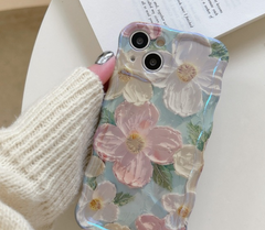 【匿名配送、無料】iPhone 14 15 Pro ProMaxブルーライトオイルペイントの花 高級感 おしゃれ
