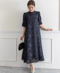【新品未使用タグ付き】プレフェリール　パーティードレス　刺繍　ネイビー　リボン PREFERIR｜刺繍レースバックリボン結婚式パーティードレス