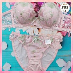 ★F85/LL☆美胸ブラ＆ショーツセット 脇高 美シルエット 谷間メイク 脇サイドスッキリ パステル花々 ピンク