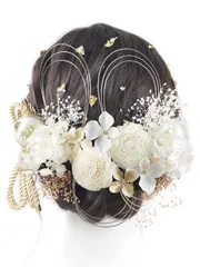 在庫処分　[NANA手作り]髪飾り 紫陽花 かすみ草 ソーラーローズ 紐リボン 和玉 水引 金箔 かわいい 成人式 七五三 花火大会 浴衣 卒業式 夏祭り