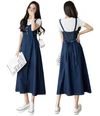 [ＪＩＹＵＴＯＲ] ジャンパースカート レディース デニム サロペットスカート サスペンダー オールインワン無地 バックリボン ゴム vネック ロングワンピース ミモレ丈 大きいサイズ ハイウエスト 春 夏 秋