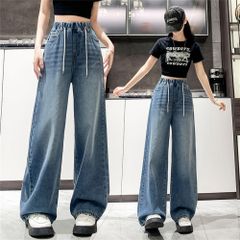 ワイドデニム レディース ジーンズ ロングパンツ ゆったり デニムパンツ ワイドパンツ ハイウエスト ウエストゴム カジュアルパンツ 大きいサイズ 無地 普段着 通勤 通年 春 夏 秋 冬 zhangban161