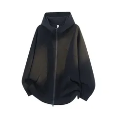 メンズ ヘビーウェイト フード付きカーディガン フルジップ 大きなフロントポケット ルーズフィット ヴィンテージ ストリートウェア ジャケット 秋アウター カジュアル 高品質ステッチ ブラック/他カラー