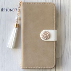 iPhone13 ケース 手帳型★スエード調 グレージュ パール