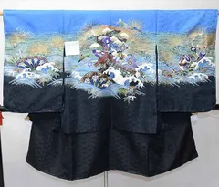 七五三 五歳 男児 羽織・着物・襦袢3点セット 青色×黒色 宝船 綸子地 5歳 五才 5才 祝着 お仕立て無料 NO41774-2