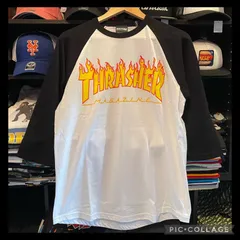 THRASHER FLAME LOGO 3/4 SLEEVE T-SHIRTS 七分袖 TEE ラグラン メンズ レディース S-XL WHITE/BLK/BLK Lサイズ