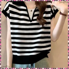 送料無料 ボーダー柄サマーニット フレンチスリーブ レイヤード風ニットプルオーバー レディース ノースリーブ ニットTシャツ 体型カバー 春夏ポロニット 着やせ夏服 韓国風 Vネック トップス ゆったり ニット 重ね着風ニット薄手