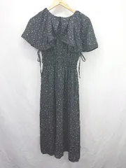 ◇ ⊂ ems excite エムズエキサイト 小花柄 フリル袖 リボン ロング ワンピース サイズF ブラック レディース E  【1506230017560】