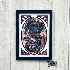 尾九 龍画  正面龍 黒龍 梵字 A4サイズ フレーム付き