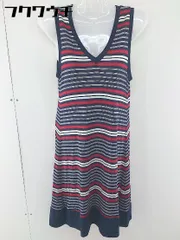 ◇ PLST プラステ ノースリーブ ボーダー　Vネック 膝丈 ワンピース サイズ2 ネイビー　レッド　ホワイト レディース  【中古】 【1106110009984】