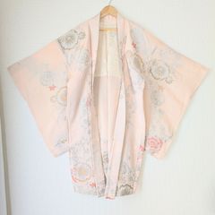 Japanese Vintage Haori Long Light Pink Floral pattern Silk Kimono Jacket Old-ⅽloth 長羽織 羽織 正絹 薄桃色 金糸銀糸 古布 時代布 一点物 大正浪漫 和洋折衷