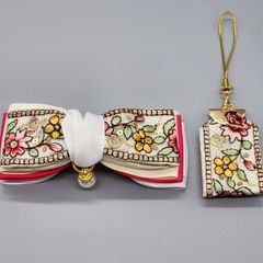 [T036]インド刺繍リボンバレッタ、ストラップ（白系）2点セット