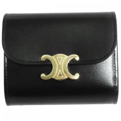 セリーヌ 三つ折り財布 レディース トリオンフ スモールフラップウォレット ミニ財布 スナップボタン レザー 小物 CELINE レザー    ブラック 黒 ゴールド金具【中古品】