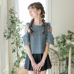 【ギンガム・ブラック】肩あきフリル セパレートスイムウェア キッズ TAK キャサリンコテージ