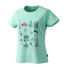 【新品】【Sサイズのみ】prince（プリンス）レディース テニス ティーシャツ Tシャツ 遮熱 吸汗速乾 半袖 テニス バドミントン Tシャツ ウェア ライトスムース素材 速乾 パリ モチーフ　ミントグリーン WS3067-100