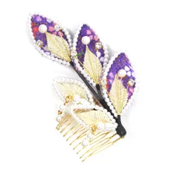 髪飾り コーム型 ラインストーン パール 紫 ゴールド 白 キラキラ ラメ リーフ 葉 ちりめん 和柄 小さい かんざし かわいい 粋 No.9-3399