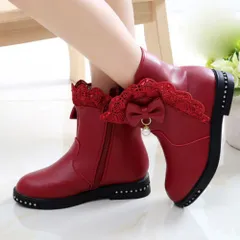 ☆ レッド ☆ 36(22.5cm) ☆ キッズ ブーツ 裏起毛 pkd18 キッズ ブーツ ショート 裏起毛 女の子 キッズシューズ シューズ 子供靴 レースブーツ ショートブーツ フォーマルシューズ レース リボン フォーマル かわいい 可愛い