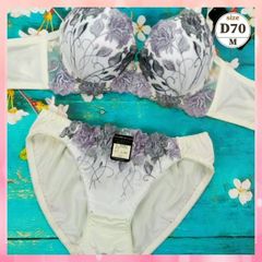 ★D70/M☆美胸ブラ＆ショーツ&Tバックショーツセット ダブルパッド 盛胸 谷間メイク 3点セット セクシー カラフルガーデン 紫