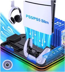 「2023年新登場」PS5 Slim スタンド PS5 Silm/PS5 縦置き スタンド PS5/PS5 Silm コントローラー 充電スタンド 2台同時充電 新型ps5 3段階冷却 PS5ディスク-デジタル兼用 冷却ファン 充電指示ランプ付 収