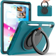 新品 新型 2025 iPad A16 11インチ / iPad 第10世代 2022 10.9インチ ケース リング付き 衝撃吸収 軽い 頑丈 360°回転スタンド 多方向 ハンドル付 落下防止 キズ防止 Pencil 收納 キッズ ケースブルー