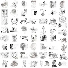 PETシールステッカー白黒モノトーン英字人物レトロアンティーク海外絵お洒落デコ花