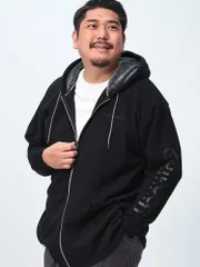 OUTDOOR PRODUCTS アウトドアプロダクツ ジップパーカー 大きいサイズ メンズ 杢裏起毛 袖プリント ポケット付き トップス 長袖 起毛 ブラック