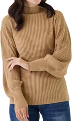 valeria バレリア リブニット トップス ハイネック 長袖 バルーンスリーブ ニットセーター レディース ゆったり 春秋 オシャレ シンプル プルオーバー(ベージュ,  M-L Regular)