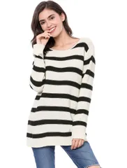 Allegra K セーター レディース 長袖 ボーダー ストライプ柄 ゆったり 大きいサイズ ニット ホワイト 3XL