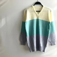 Vネック白青紫三色カラフルニットセーターロング長袖ウール配合