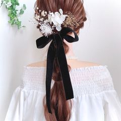 ベロアリボン かすみ草 ゴールド 黒 ブライダルヘア 成人式ヘア パールヘアピン 卒業式 お呼ばれ ヘアリボン