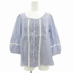 ハッシュアッシュ HusHusH ブラウス カットソー 七分袖 バンドカラー ストライプ フリル レース 3 M 青 ブルー /SS 0926のサムネイル
