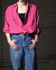 vivid pink military design linen shirt oversized ミリタリー デザイン リネン 麻 オーバーサイズ ビビッドカラー 長袖シャツ ピンク L