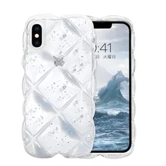 GUAGUA iPhoneXS ケース クリア ウェーブ iPhoneX 菱形バック いphone X XS 透明 うねうね スマホケース TPU キラキラ 菱形 凸凹 アルミ箔シルバー 可愛い 韓国 人気 耐衝撃 超軽量 おしゃれ バンパー ストラップホ 0