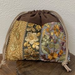 ☆記念価格☆ハンドメイド☆インド刺繍リボン☆ミニ巾着ポーチ☆正方形☆