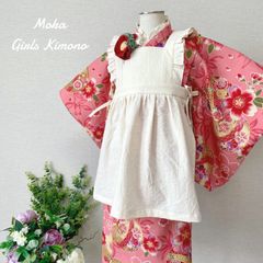 七五三 3歳 着物＆被布エプロンセット 和柄ピンク×生成り