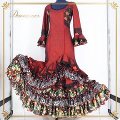 フラメンコ 衣装 ワンピース ドレス ソニアジョーンズ SONIA JOHNES レッド系 ボランテ フリル 赤 花柄 ドット レース ダンス 舞台 フラメンコ 衣装 ワンピース ドレス レッド系 高級感 舞台衣装 ダンス衣装 レディース カラフル フリル付き