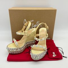●Christian Louboutin クリスチャンルブタン CATACONICO カタコニコ ヒールストラップサンダル 35 イエロー エナメル ウェッジソール オーロラ スタッズ レディース 靴 シューズ 1170580【中古】ABランク　6_158