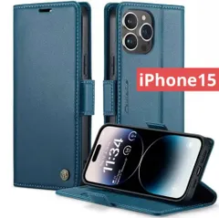 手帳型スマホケース　iPhone15（ブルー）iPhoneケースレザーケース