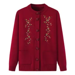 [ALVEIN] レディース シニア ニット カーディガン 暖かい 前開き 羽織 インナー セーター ニット 花柄 ボタン 防寒 保温 ギフト 婦人服 ミセス 祖母 お年寄り おばあちゃん 高齢者 (JP, アルファベ [ワインレッド] [Free Size]