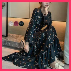 【スタッフおすすめ！】 ティアードワンピース 長袖 ロングワンピ フラワーワンピース/体型カバーシフォン/リゾート風 可愛い レディース 春秋夏 花柄カシュクールワ おすすめ おしゃれ　かわいい　人気 1YDG-005