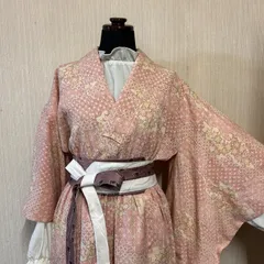 和洋折衷　着物　コーデ　セット売り　3点セット＋2点おまけ　計5点セット　着物リメイク　リメイク古着　セットアップ　ピンク系　帯ベルト付き　ネクタイリメイク　セパレート着物　カジュアル着物　和洋ミックスコーデ
