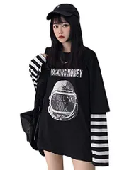 ブラック_L [YYQ-SHOP]レディース tシャツ ゆったり カットソー 長袖 重ね着風 ボーダー ロンT プリント 柄 韓国ファッション トップス 原宿風 かわいい 春 白Ｔシャツ(6黒)