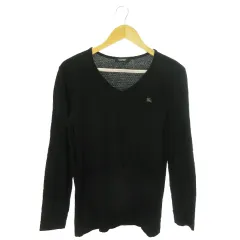 バーバリーブラックレーベル BURBERRY BLACK LABEL 長袖Tシャツ カットソー ロンT Vネック 地模様 チェック ロゴ刺繍 2 M 黒 ブラック /AO12 ■GY11